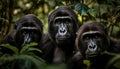 Primate portrait: Endangered bonobo staring, strong macaque in background generated by AI