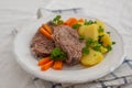 Prime boiled beef with root vegetables, Viennese Tafelspitz Royalty Free Stock Photo