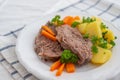 Prime boiled beef with root vegetables, Viennese Tafelspitz Royalty Free Stock Photo