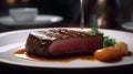 A Prime Cut of Exquisitely Prepared Steak on a Lavish Fine Dining Plate, Adorned with Artful Sauces and Accompaniments. Generative