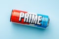 Prime Energy Drink . Bottle drink on blue background. Top view