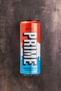Prime Energy Drink . Bottle drink on rustic background. Top view
