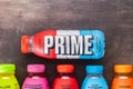 Prime Energy Drink . Bottle drink on rustic background. Top view