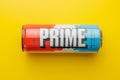 Prime Energy Drink . Bottle drink on yellow background. Top view