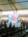 Prime Minister of India, Narendra Modi, on a giant screen during inauguration of New Helicopter Factory in Tumkur, Karnataka