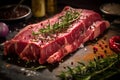 Prime steak seasoned with coarse salt and fresh rosemary, ready for the grill