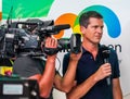 Prime Video analyst former British professional tennis player Tim Henman conducts interview during 2022 Miami Open