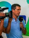 Prime Video analyst former British professional tennis player Tim Henman conducts interview during 2022 Miami Open