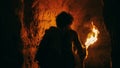 Primeval Caveman Wearing Animal Skin Exploring Cave At Night Holding Torch with Fire Looking at Dr