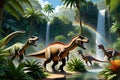 Primeval Rush: Dinosaurs Captured Mid-Stampede, Vibrant Tropical Foliage Surrounding Them, Ferns and Palms Bending in Their Wake