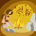 Primeval woman with child in cave cartoon vector