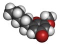 Primin primrose plant allergen molecule. 3D rendering. Atoms are represented as spheres with conventional color coding: hydrogen