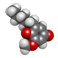 Primin primrose plant allergen molecule. 3D rendering. Atoms are represented as spheres with conventional color coding: hydrogen (