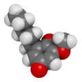 Primin primrose plant allergen molecule. 3D rendering. Atoms are represented as spheres with conventional color coding: hydrogen (