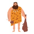Primitive archaic man dressed in clothes made of animal skin and holding cudgel. Caveman from Stone Age. Male character