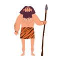 Primitive archaic man wearing loincloth made of animal skin and holding spear. Early human, caveman, warrior or hunter