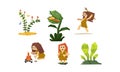 Primitive cave people set, cute geometric prehistoric neanderthal man and woman, carnivorous plant vector Illustration