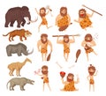 Primitive caveman characters with weapon and prehistoric animals set. Stone age warriors dressed animal skin and extinct