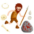 Primitive caveman. Prehistoric hunter. Cartoon flat. Bone and skull