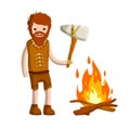 Primitive caveman. Prehistoric hunter. Stone age. Man with an axe or a hammer. Tribal items