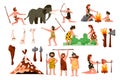 Primitive caveman. Stone age. Animal hunters. Neolithic cave people tools. Primeval children. Women cooking on fire. Men