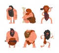 Primitive Caveman and Troglodyte with Beard and Hairy Body with Bone and Bludgeon Vector Set