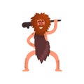 Primitive caveman with wooden club, stone age prehistoric man character cartoon vector Illustration on a white Royalty Free Stock Photo