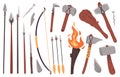 Primitive culture tools. Stone age stone or wooden weapon, hammer, spear, axe, fire torch. Prehistoric caveman primitive