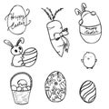 Primitive cute easter element set with bunny, eggs and basket outlines, flat vector illustration Royalty Free Stock Photo