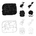 Primitive, fish, spear, torch .Stone age set collection icons in black,outline style vector symbol stock illustration Royalty Free Stock Photo