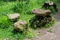 Primitive furniture set made from dark brown rock covered by moss and surrounded by grass.