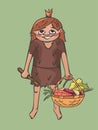 Primitive girl with vegetables basket and digger stick