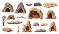 Primitive human living elements. Stone caves and stones, dry tree and branches. Isolated cartoon ancient houses, vector