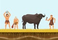 Primitive hunters or cavemen character with wild bull vector illustration. Hunting with primitive weapons. Flat cartoon Royalty Free Stock Photo