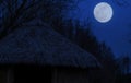 Primitive hut with a straw roof by night, Moon in the sky, Nature landscape background Royalty Free Stock Photo