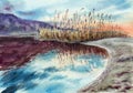 Primitive landscape with river, reeds group on horizon, shore, sunset sky and reflection in water. Hand drawn watercolors on