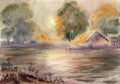 Primitive landscape with river, trees group on horizon, shore, house and sunset sky. Hand drawn watercolors on paper textures.