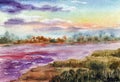 Primitive landscape with river, trees group on horizon, shore and sunset sky. Hand drawn watercolors on paper textures. Raster