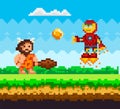 Primitive man attacks flying iron robot in jet boots. Pixelated natural landscape with caveman Royalty Free Stock Photo