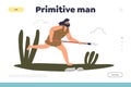 Primitive man concept of landing page with stone age person running with spear weapons