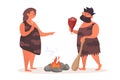 Primitive man with cudgel and piece of meat talks beside woman by fire.