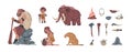 Primitive men. Cartoon prehistoric family with ancient stone and bone tools. Weapon and animals. Mammoth and saber