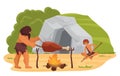 Primitive neanderthal people cooking food near cave, prehistoric stone age scene Royalty Free Stock Photo