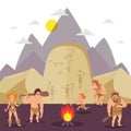 Primitive people cartoon characters, stone age cavemen, vector illustration