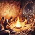 Primitive people gathered around a fire in a cave