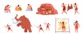 Primitive people life, prehistoric characters hunting mammoth. Caveman making tools and cave art, stone age hunters with Royalty Free Stock Photo