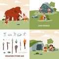 Primitive people, man, woman and kids in stone age a set of vector illustrations