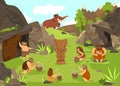 Primitive people prehistoric cartoon vector illustration before cave and totem animal, ancient cavemen in stone age. Royalty Free Stock Photo