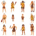 Primitive people primeval neanderthal cartoon character and ancient caveman in stone age cave illustration prehistoric