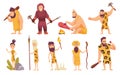 Primitive people in stone age cartoon icons set with cavemen pelt with weapon and ancient animals isolated vector Royalty Free Stock Photo